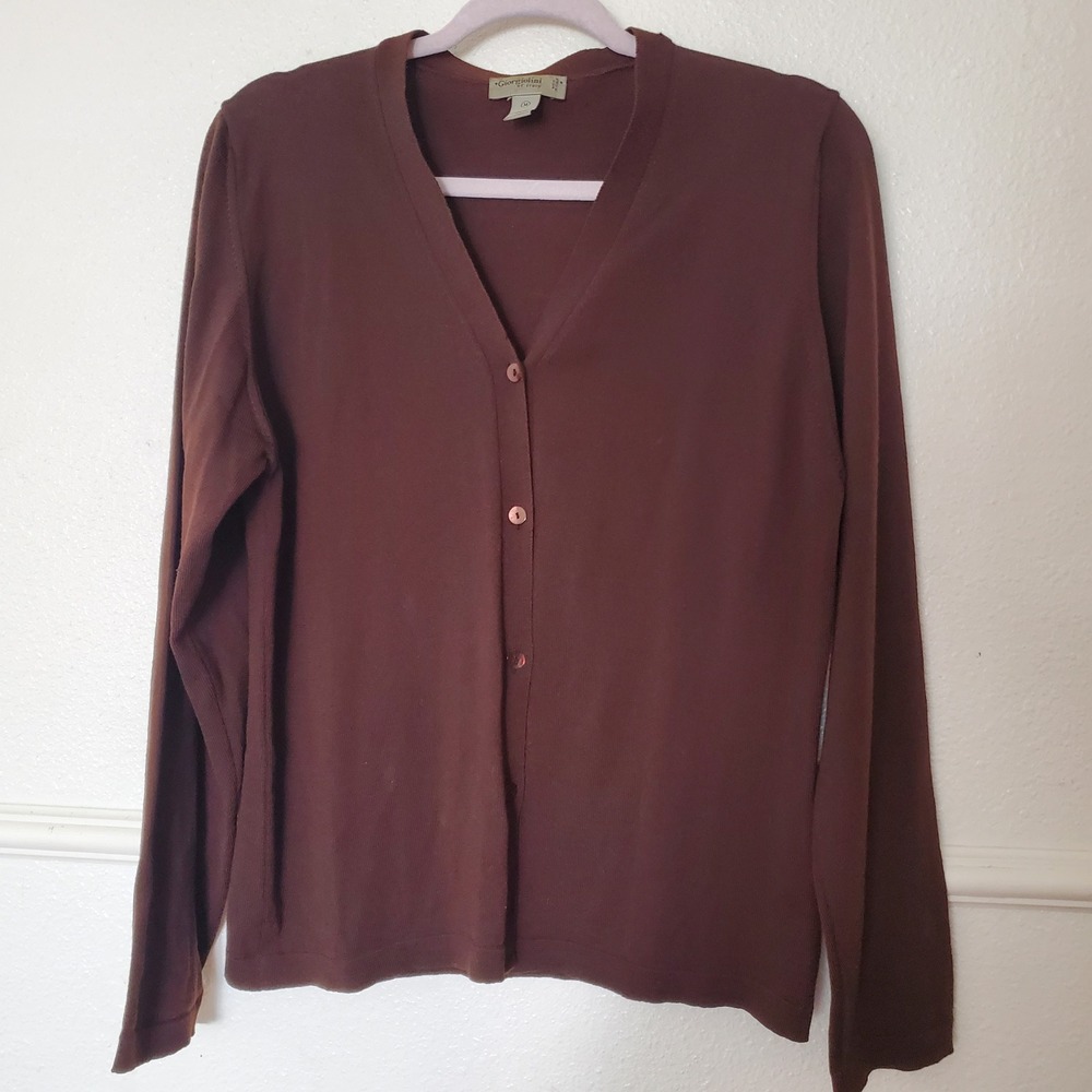 Giorgiolini of Italy Brown Extra Fine Merino Wool V-Neck Cardigan Sweater M